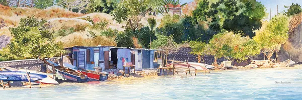 Boats and shoreline buildings.