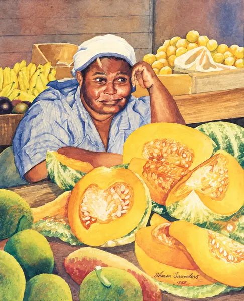Vendor with cut papayas.