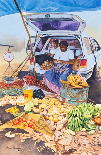 Roadside produce seller beside a car.