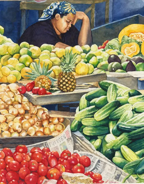 Vendor behind a colourful fruit stall.