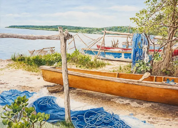 Wooden boat and fishing ropes.