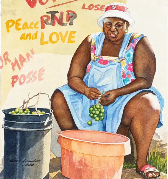 Seated vendor preparing green produce.