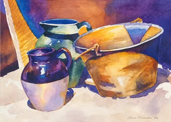 Still life with pottery and bowls.