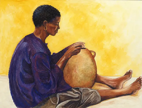 Seated figure playing a hand drum.